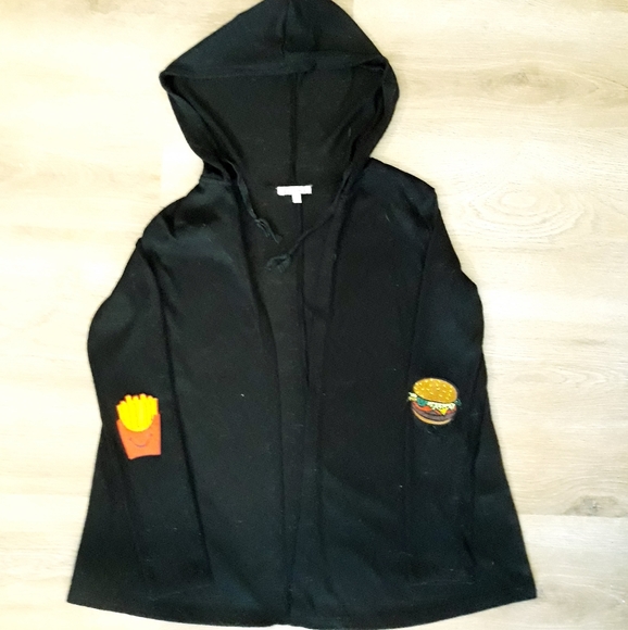 Noble U Black Hooded Cardigan with Emoji Burger + Fries Elbow Patches - Picture 7 of 7